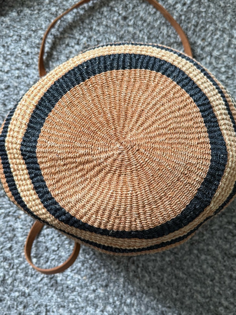 African Sisal Straw Woven Market Tote Bag Leather Strap Stripes Geometric Design - Picture 10 of 10